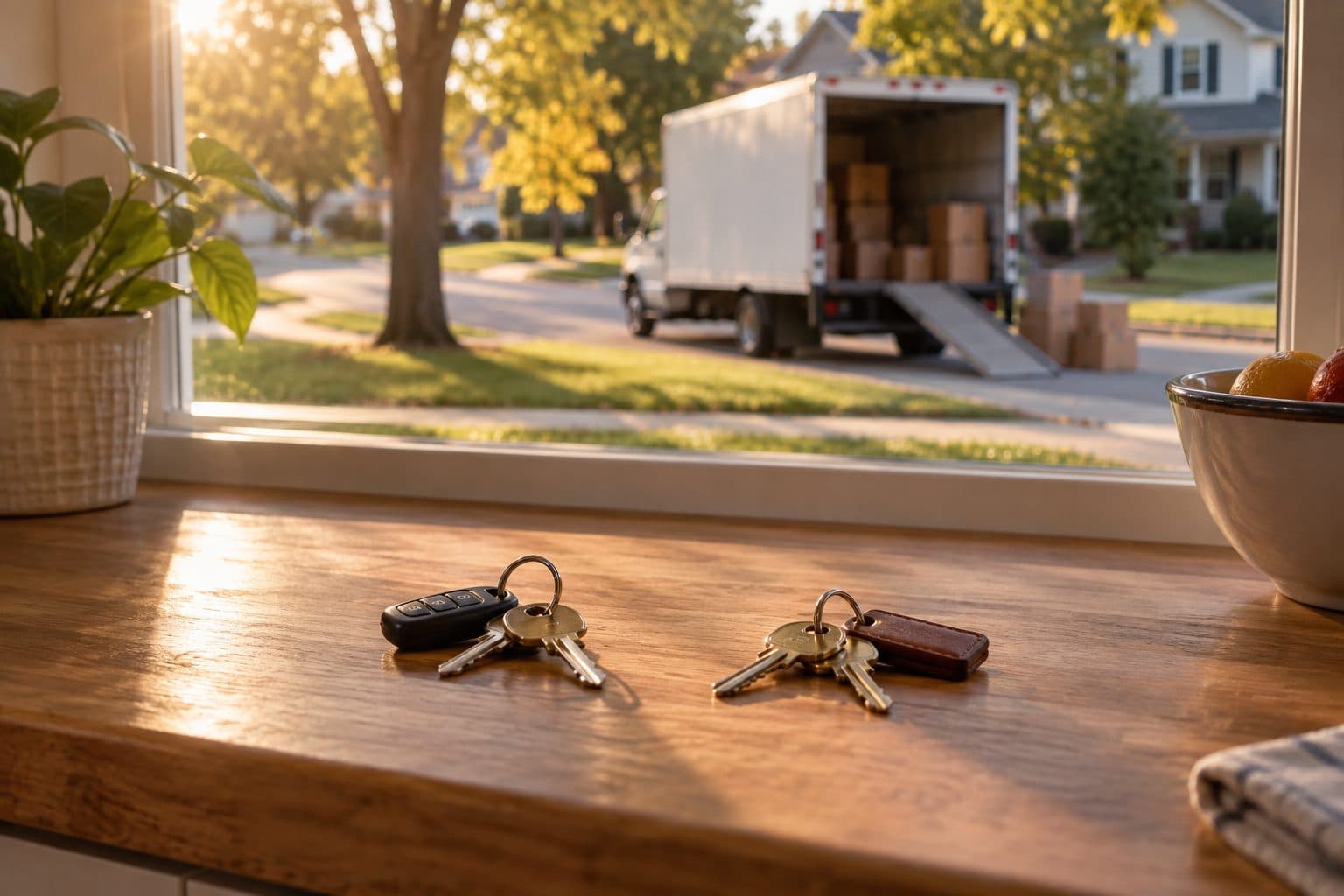 Two sets of house keys on a kitchen counter, with a moving truck parked on a tree-lined street through the window