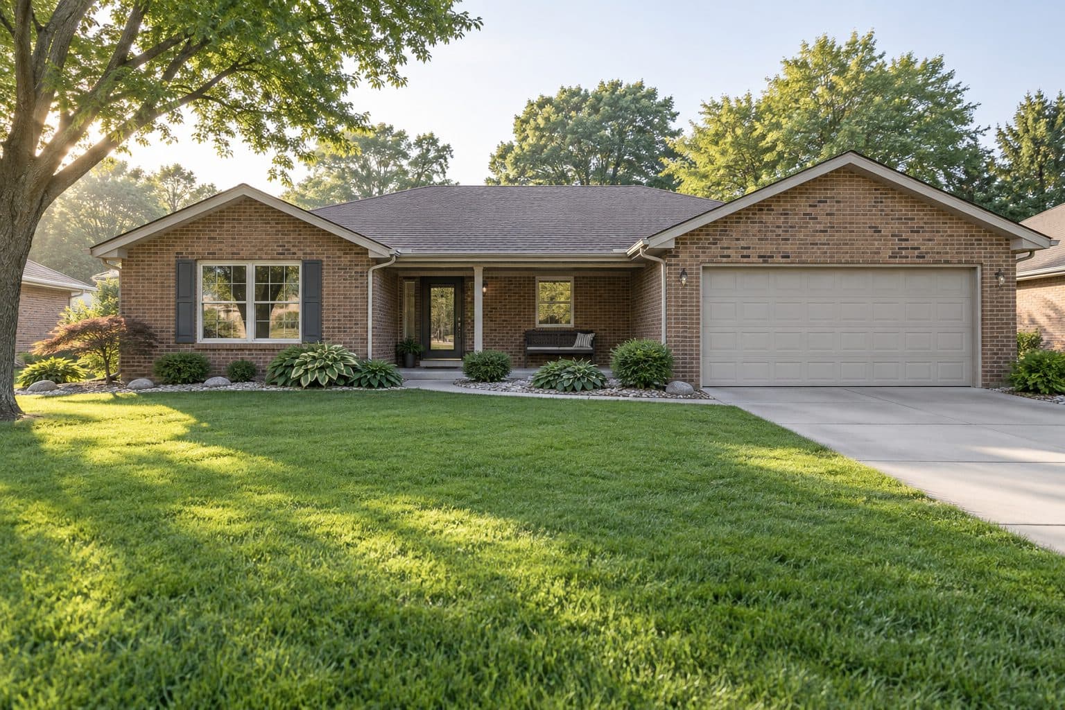 A single-story brick ranch home with a wide lawn, attached garage, and low-maintenance landscaping in morning light