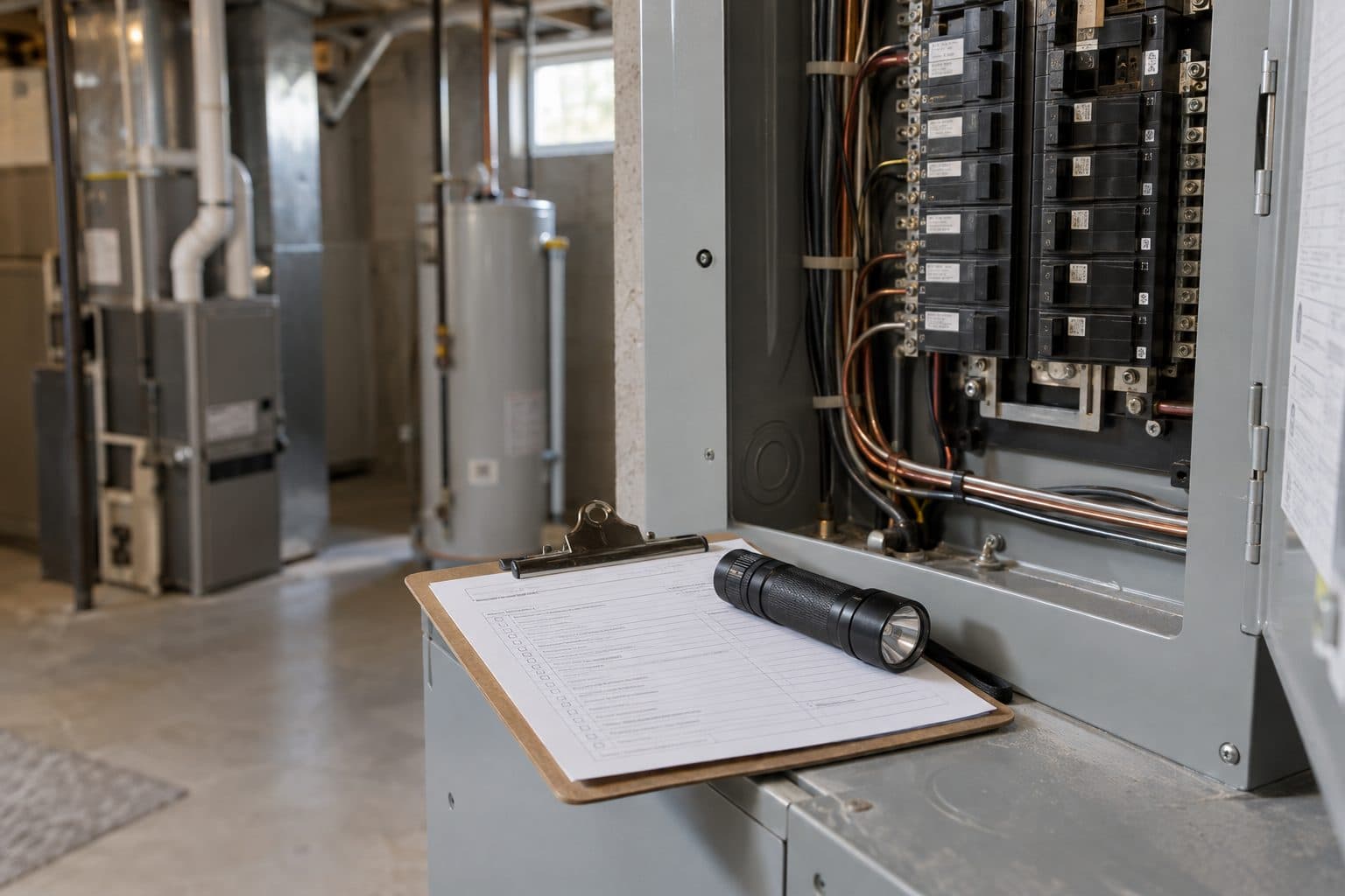 An inspector's clipboard and flashlight beside an open electrical panel in a basement, furnace and water heater behind