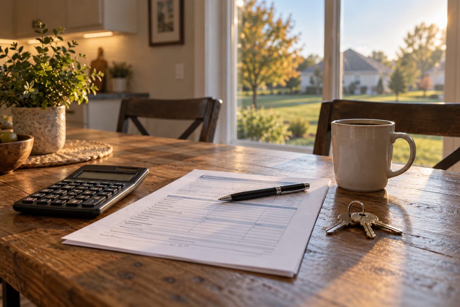 A kitchen table with a calculator, a blank mortgage worksheet, a pen, house keys, and a coffee mug in morning light