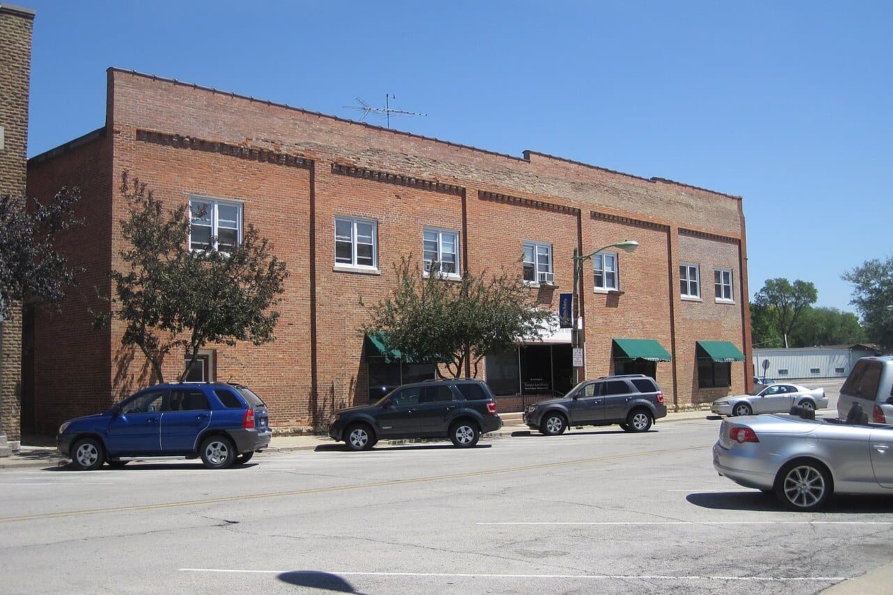 The 1895 brick storefront block at Second and Main in the Downtown Peotone Historic District