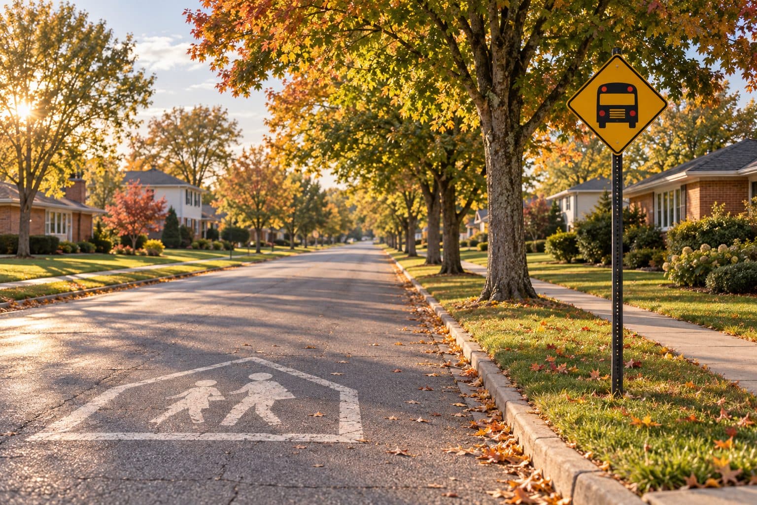 A school crossing painted on a quiet tree-lined suburban street with a school bus sign, brick homes on wide lawns