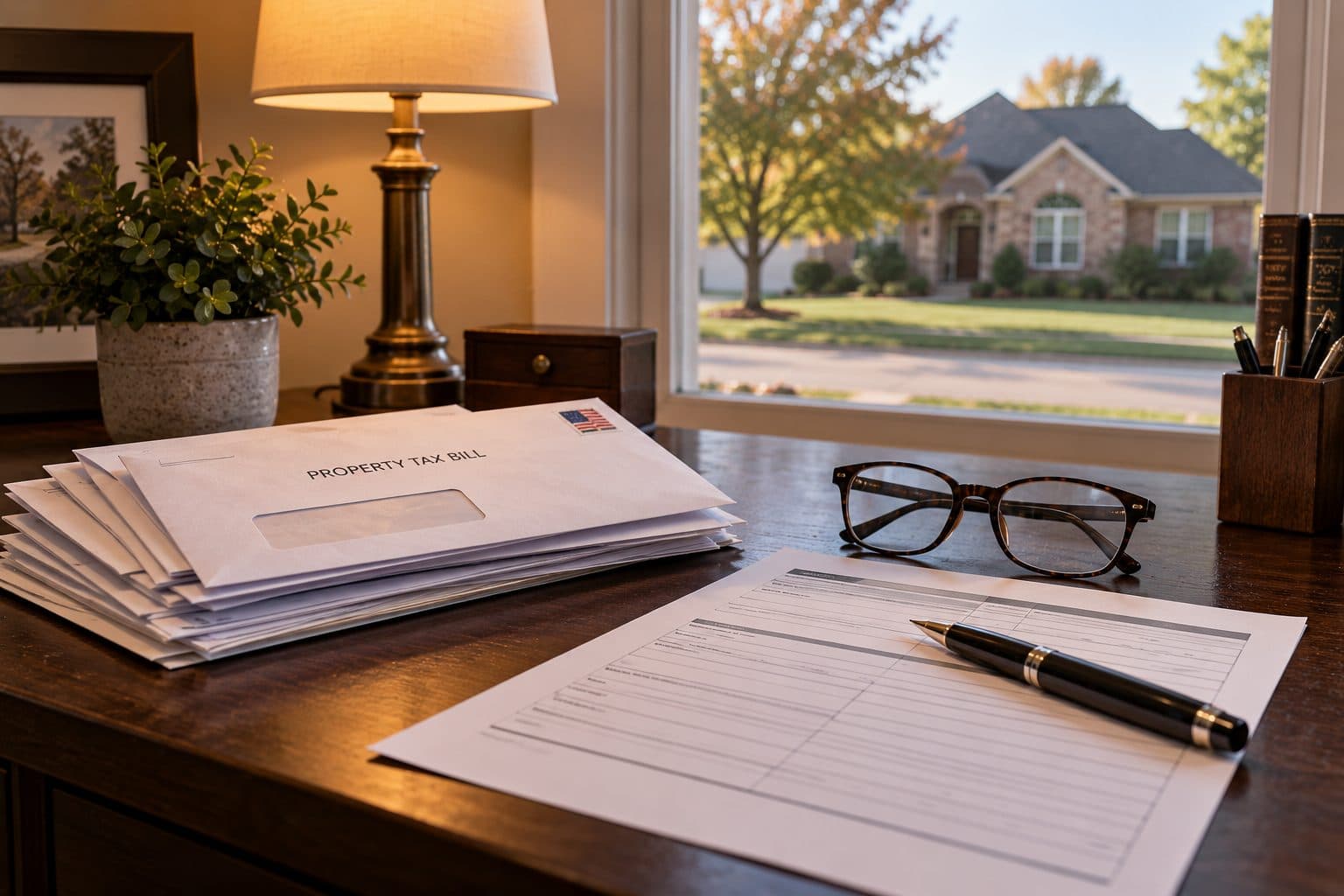 A stack of property tax envelopes and a blank exemption form on a dark wood desk beside reading glasses and a pen