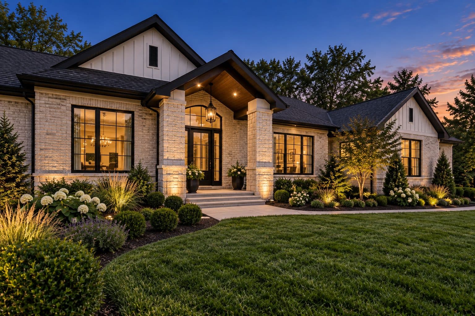 Covered front entry of a newer brick ranch home at dusk, stone columns lit and windows glowing