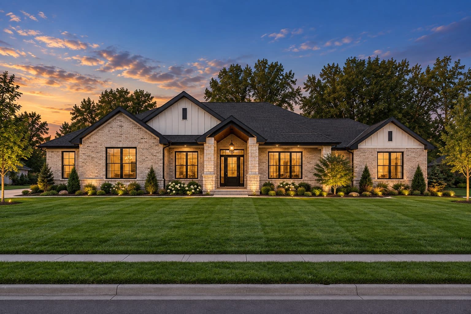 Newer brick ranch home at dusk with warm light in the windows and a wide front lawn